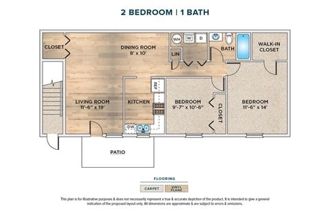 Floor plan for 2 beds, 1 bath, 960 sqft